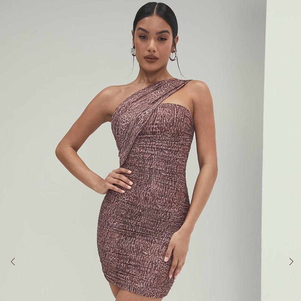 Mistress Rocks Animal Print Ruched Mesh One Shoulder Dress